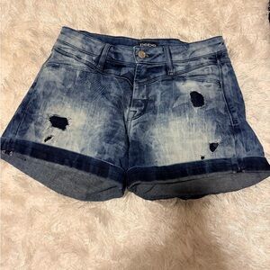 bebe Dark Washed Blue Distressed Rolled-Hem Denim Shorts
